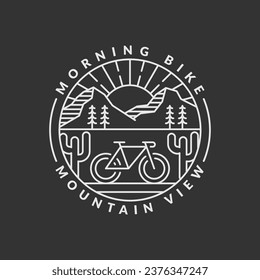 morning mountain biking badge vector illustration. mountain and bicycle monoline or line art style. design can be for t-shirts, sticker, printing needs