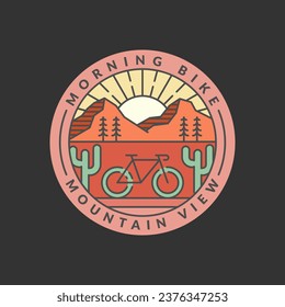 morning mountain biking badge vector illustration. mountain and bicycle monoline or line art style. design can be for t-shirts, sticker, printing needs