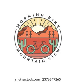 morning mountain biking badge vector illustration. mountain and bicycle monoline or line art style. design can be for t-shirts, sticker, printing needs