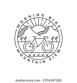 morning mountain biking badge vector illustration. mountain and bicycle monoline or line art style. design can be for t-shirts, sticker, printing needs
