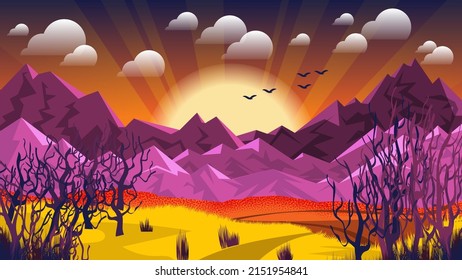 Morning mountain landscape. Rising sun, rays of light, mountains, hills and fields with trees, sky with sun, clouds, silhouettes of flying birds. Flat design. Vector.