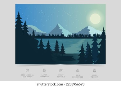 Morning mountain winter landscape. Holiday winter landscape. Abstract flat minimalist landscape design