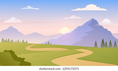 Buenos días en las montañas. Hermoso paisaje natural. Glade y rocas. Vistas de verano y primavera. Fondo de escritorio o fondo. Escena con puesta de sol o amanecer. Dibujo vectorial plano de dibujos animados