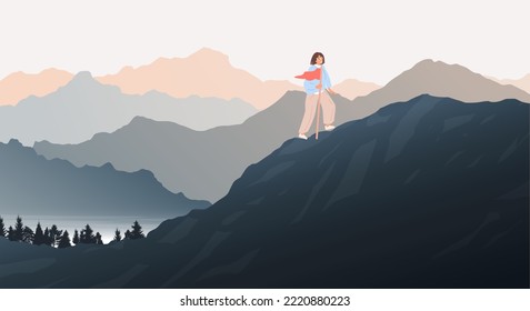 Morning mountains, Concept of successive steps to goal achievement. Climbing concept. Illustration for freedom and travel concept. Woman climbing up mountains or cliffs and moving to final destination