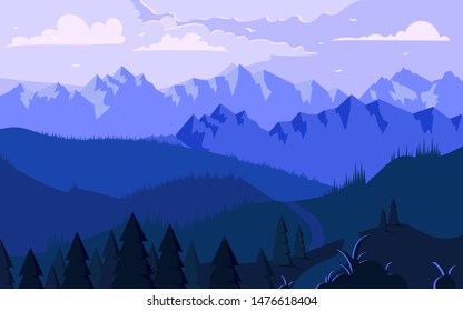 Morning in mountains minimalistic illustration. Frosty air over mountain range, foggy valley