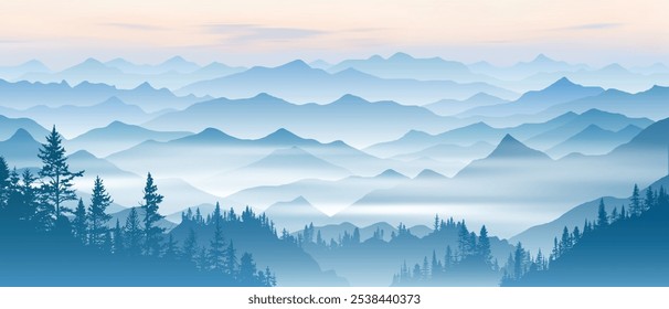 Morning in the mountains, misty silhouettes of ridges, vector illustration