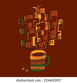 Morning mug of coffee in decorative style with tribal vibes. Vector illustration for web and print poster, postcard, art, decor.