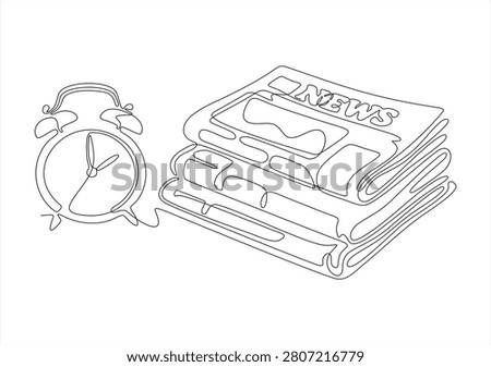 Morning News and Alarm Clock Continuous Line Illustration.     newspaper, alarm, clock, alarmclock, time, morning, business, paper, wake up, reading, schedule, deadline, home, office, daily, reminder, news, management, information, article, concept, alert, banner, lifestyle, object, template, vector, announcement, publication, press, planning, motivation, headline, report, back to school, breaking, chance, content, creativity, publish, promotion, period, minute, media, journalism, interest, idea, work, commercial