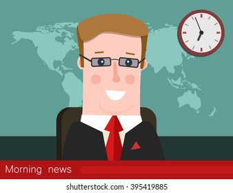Morning news. Silhouette of a man with glasses. News announcer in the studio. 