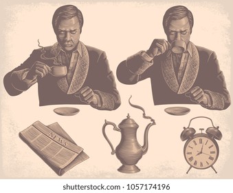 Morning newspaper and coffee. Design set. Hand drawn engraving. Vector vintage illustration. 8 EPS
