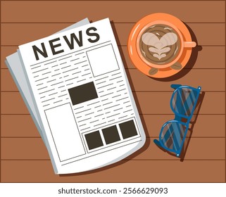 Morning newspaper top view. High angle view at newspaper, cup with coffee and glasses. Morning traditions and rituals. Mug with hot drink. Daily routine. Flat vector illustration