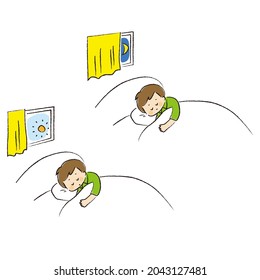 Morning and night set of boy sleeping in bed.