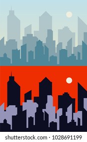 Morning and night town background city skyline. Cityscape flat vector illustration. EPS