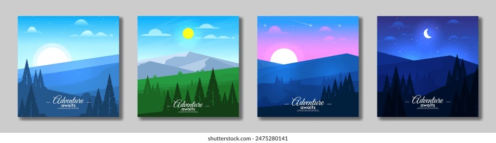 Morning, noon, evening and night. Set of abstract vector landscape card. Flat style design. Beautiful sky. Mountains with hills and forest. Touristic poster design.