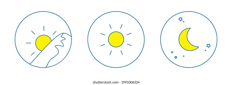 Morning, Noon, Night Image Illustration, Round Icon Set 3 Types (line Drawing, Blue)