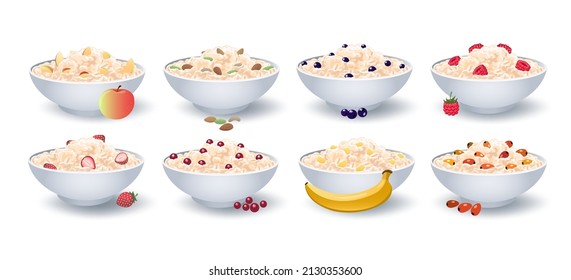 Comida de avena por la mañana. Cuenco de avena de avena con bayas nueces de manzana desayuno saludable, avena de cebada harina de cereales de harina caricatura ilustración vectorial