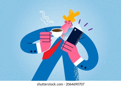 Morning in office and break concept. Young smiling worker man businessman cartoon character standing with cup of hot drink and looking at smartphone vector illustration 