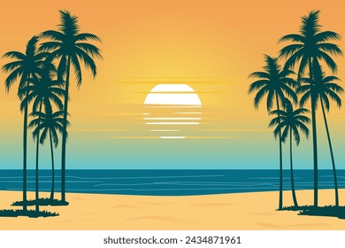 Morning on the beach with a beautiful landscape of palm trees. Morning on the beach with palm trees. Orange sunrise. Summer sunrise. Paradise beach sun.