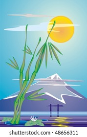 morning on the lake, adorable oriental style vector editable image		 		 		 		 		 		 		 		