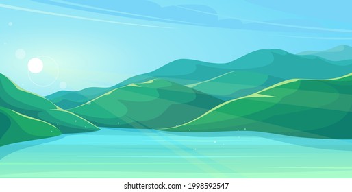 Morning panorama - sunset in the mountains. Mountain lake at sunrise. Flat cartoon colorful illustration - eps10 vector.