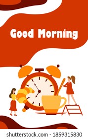 Morning people with alarm clock and croissant for poster. Woman make fresh coffee in flat style. Vector illustration isolated on white background for banner or card.