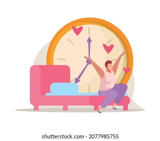 Morning people flat composition with character of man raising hands on bed with hearts and clock vector illustration