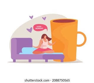 Morning people flat composition with female character of awaken woman on bed with cup of coffee vector illustration