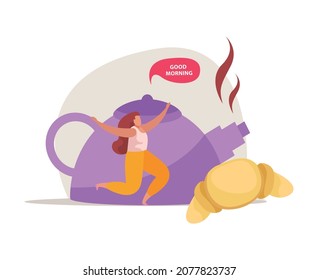 Morning people flat composition with happy woman and images of teapot and croissant with text in thought bubble vector illustration