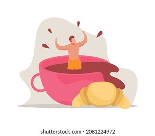 Morning people flat composition with images of croissant and man floating inside cup of coffee vector illustration