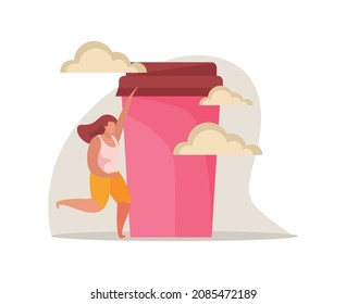 Morning people flat composition with images of clouds running woman and big carton cup of coffee vector illustration