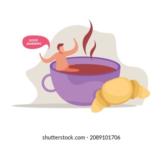 Morning people flat composition with male human character chilling inside the coffee cup with croissant image vector illustration