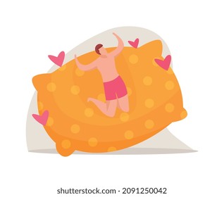 Composición plana de las personas de la mañana con signos cardíacos de almohada suave e ilustraciones vectoriales de carácter macho saltando