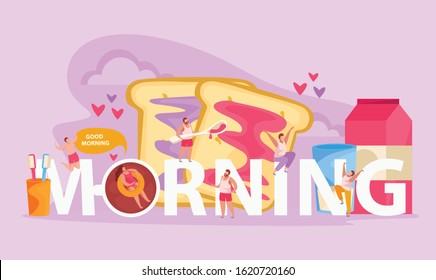 Morning people flat composition with text and small human characters with tooth brushes sandwiches and coffee vector illustration