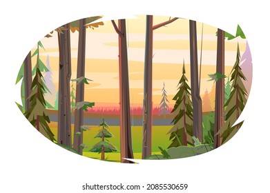 Morning in a pine forest. View of the rural hills. Sunrise or evening sunset. Illustration in cartoon style flat design Isolated on white background. Vector.
