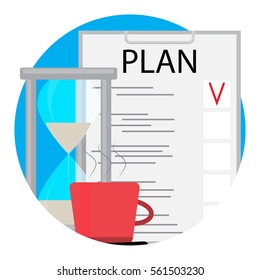 Morning planning with coffee icon vector. Checklist and hourglass illustration