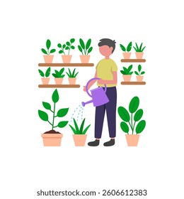 Morning Plant Watering Duty Vector Illustration