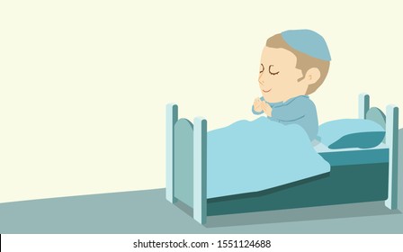 Morning Prayer, a cute vector illustration of an Orthodox Jewish boy who pray Raises hands in prayer in bed.
says Modeh Ani is a Jewish prayer that observant Jews recite daily upon waking, 