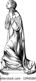 Morning Prayer Sculpture was depicts a woman praying vintage line drawing or engraving illustration.