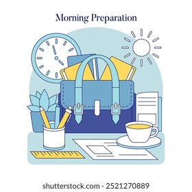 Morning Preparation concept. An illustration of a teacher's desk with a clock, briefcase, and coffee signaling a new day. Vector illustration.