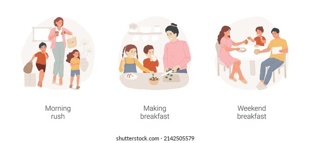 Morning Preparations Isolated Cartoon Vector Illustration Set. Morning Rush, Adult With Coffee On The Go, Daily Breakfast Preparation, Mom Cooking, Weekend Relax, Happy Family Vector Cartoon.