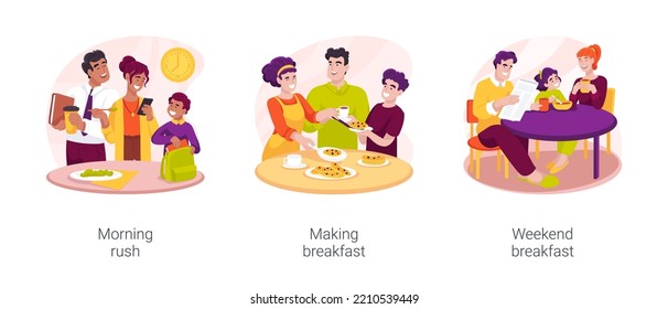 Morning Preparations Isolated Cartoon Vector Illustration Set. Morning Rush, Adult With Coffee On The Go, Daily Breakfast Preparation, Mom Cooking, Weekend Relax, Happy Family Vector Cartoon.