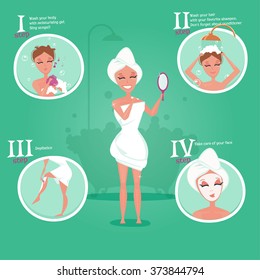 Morning procedures infographics. Girl in bathroom illustration set