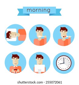 Morning procedures woke up, washed, ate breakfast, get to work, work, time. Elements of info-graphics. Isolated vector illustration.