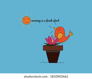 morning quote with flower, sun and chick illustration 