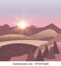 Morning realistic mountain landscape. Panorama of cliffs and peaks, a mountain range with the rising sun. Vector background
