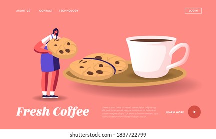 Morning Refreshment Landing Page Template. Tiny Female Character Eating Huge Cookie with Chocolate Sprinkles at Saucer and Cup with Coffee. Woman Drinking Hot Drink. Cartoon Vector Illustration