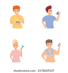 Morning ritual icons set cartoon vector. People everyday hygiene. Selfcare concept