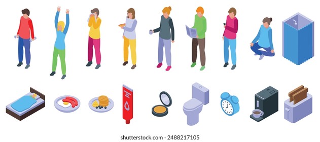 Morning ritual icons set. People morning routine set. Persons waking up, having breakfast, brushing teeth, doing gymnastics, reading news, drinking coffee isometric 3d icons set