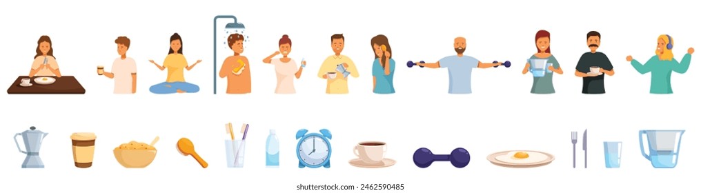 Morning ritual vector. A group of people are shown in various activities such as eating, drinking, and exercising. Concept of a healthy lifestyle and the importance of taking care of one's body