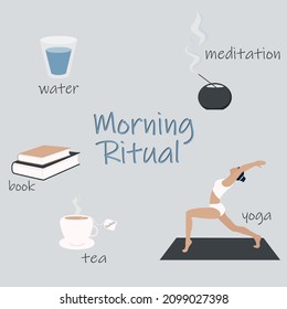 Morning ritual for a woman: a glass of water, meditation, yoga, tea, book.
Have a nice morning. Scheme, illustrations, text. Vector illustration.